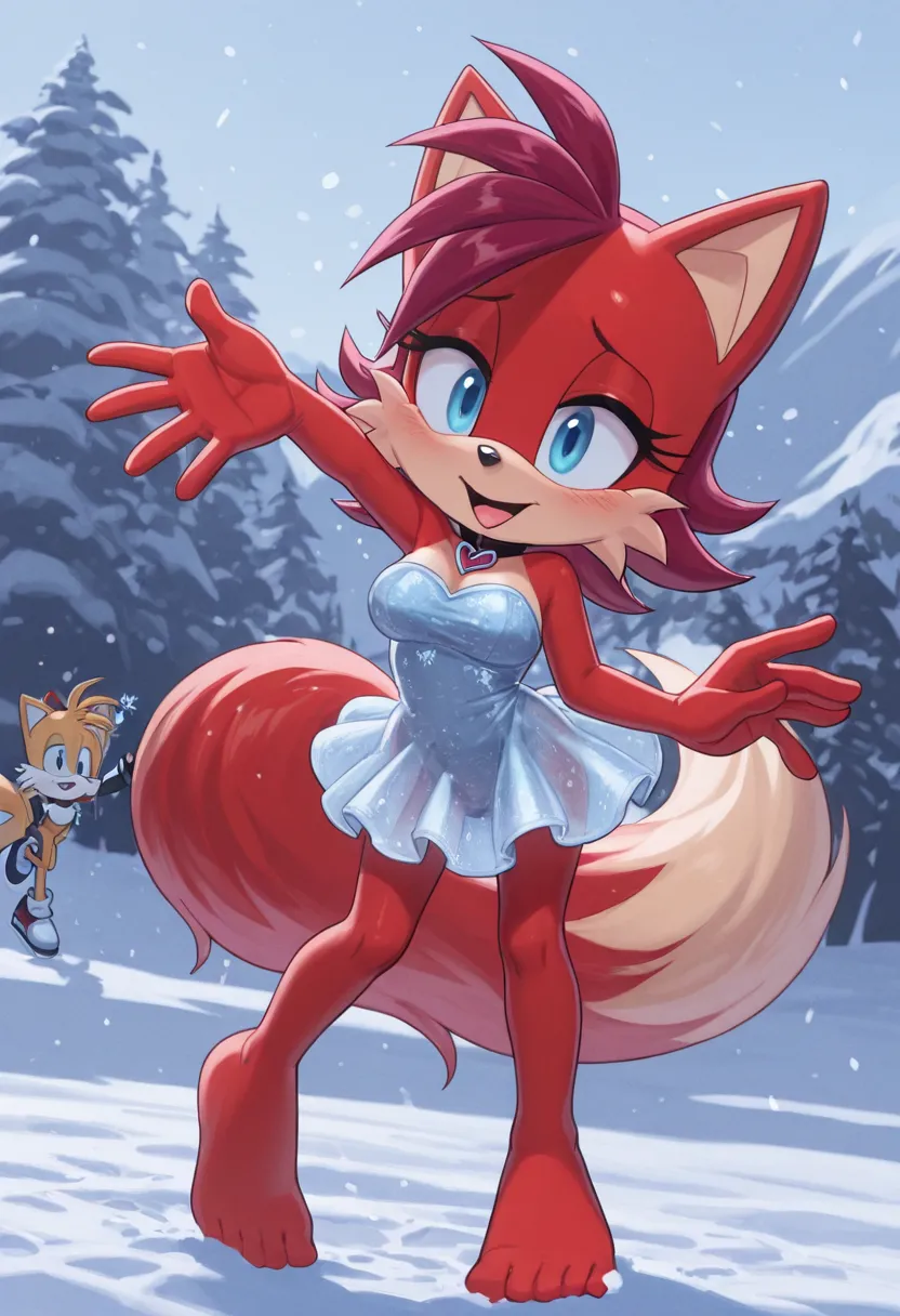 1girl fox girl, tails the fox sonic the hedgehog, sexy snowflakes dress, frozen sea, dancing, happy, outdoor, heart collar, masterpiece,Fiona The Fox_\(Sonic\), Red-Beige Fur, Light Blue Eyes, Maroon Hair, Fox Girl, 