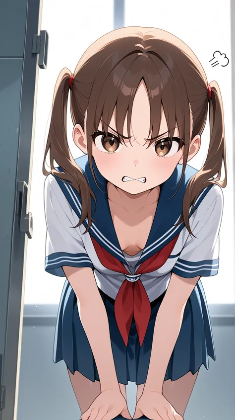  forward bending、 Chest、 small breasts、 Twin Tails、 school uniform、 slightly angry face、 down blouse that shifts the chest