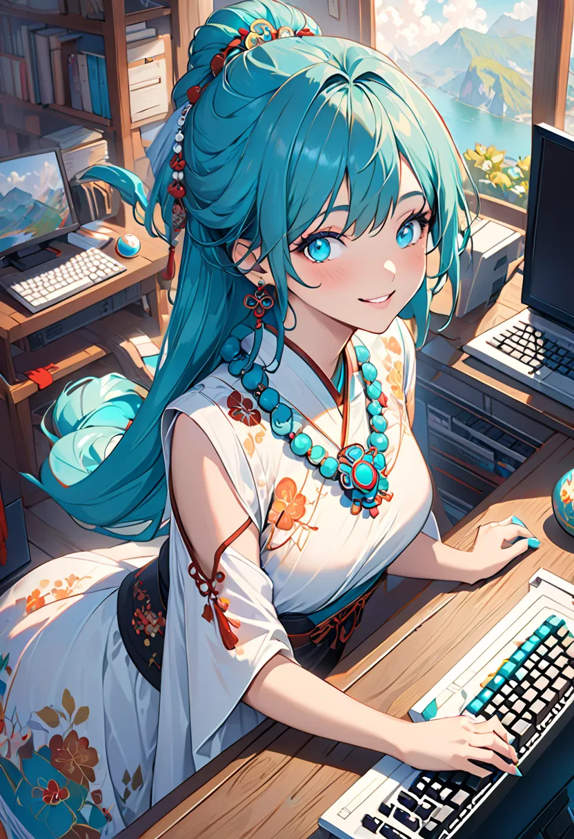 masterpiece, best quality, super detailed,  illustration of a woman with a penis ,(hidden hair),beautiful detailed eyes, viewers, ( Holds a Computer Keyboard ), happy, (turquoise hair:1), (blue round eyes:1), (Round earrings), (large turquoise jewelry neck...