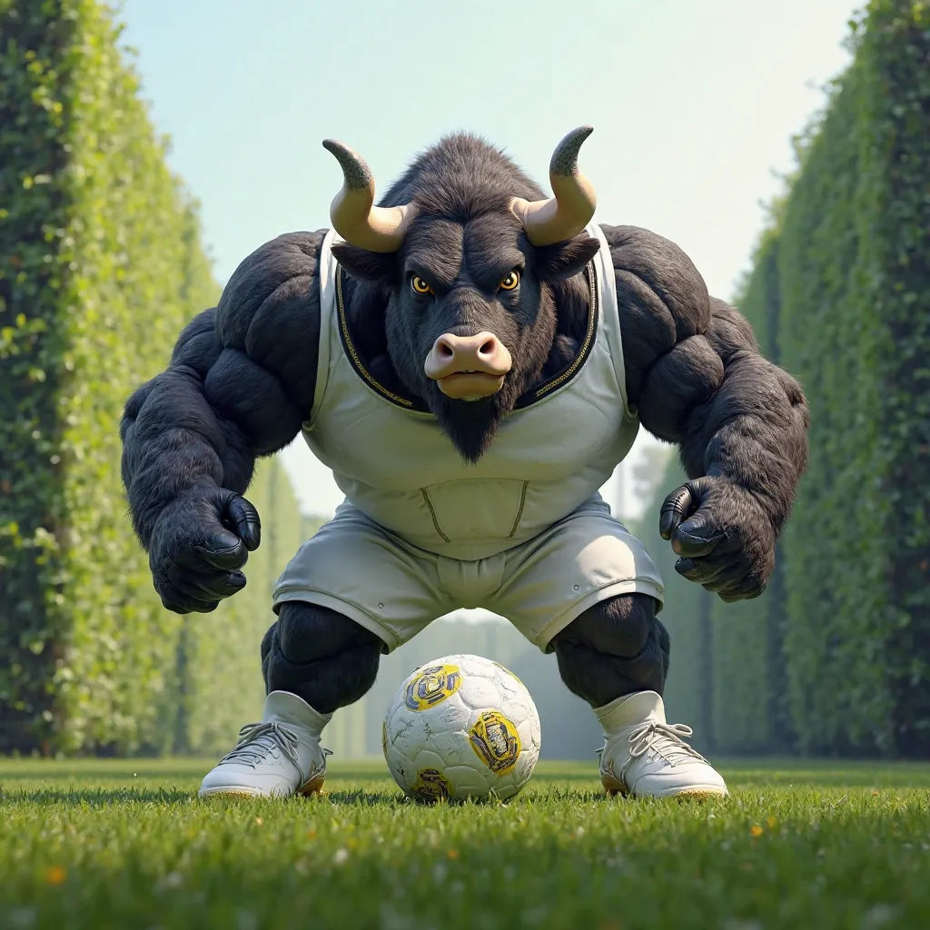 I want a muscular bull wearing a plain white team jersey with black sleeves and white soccer shorts with white cleats with yellow details stepping on a soccer ball inside a soccer field. 