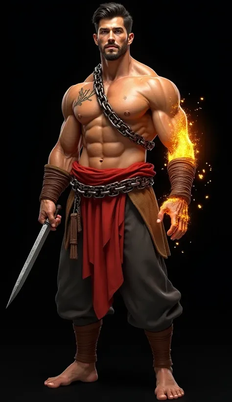 The image features a full-body view of a muscular man, likely a character from a He has a tan complexion, dark hair, and a slight stubble on his face. He wears a red cloth wrapped around his waist as well as some dark baggy pants. His chest and abdomen are...