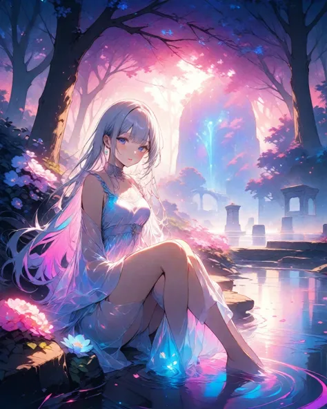 ( top quality,4K,8k,  High Definition  ,   masterpiece  :1.2),standing up picture、 Silver Hair、semi-long hair,Her face is of the highest quality 、 The texture and depth of the painting is breathtaking ,   is playing 、 and fantasy ,    gracefully envelops h...