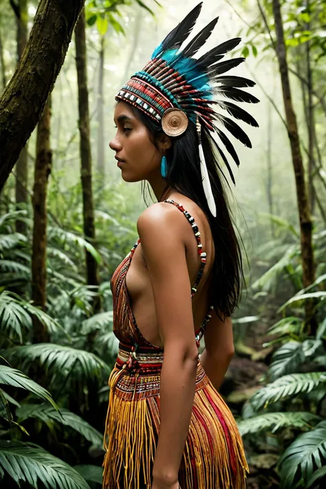 An indigenous girl standing upside down Forward in a lush rainforest during the day. Your skin is clear, But slightly tanned , with a soft natural tan. She has delicate facial features, including a thin nose and delicate cheekbones. your long, smooth black...