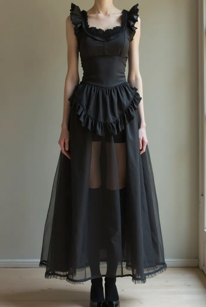 *plain black maid dress, which has a very thigh-emphasizing design. It also contains a small lacy apron, black long-socks and black high-heel pumps. The cloth used for the uniform is made of thin, black silk and the fabric feels soft to touch. It's almost ...