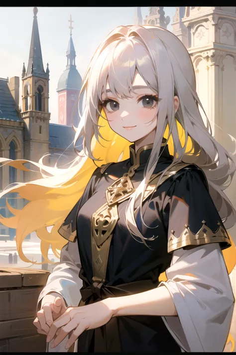 （top quality）（masterpiece），（details），White-gold hair、Platinum Brand 、long hair around the chest、long hair、black eyes、可愛いsmileの女の子が一人、noon、 medieval cityscape、Commoner&#39;s clothing、 little beautiful girl、alone、 clear、smile
