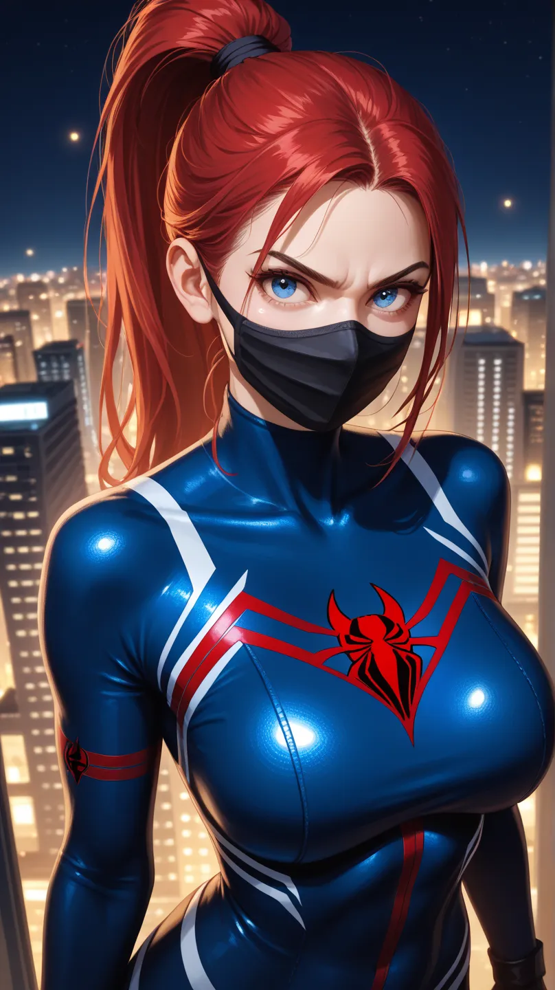 A highly detailed and realistic digital illustration shoot from a high angle, about a female superhero in a spider-themed costume standing confidently in a cityscape at night, looking directly at the viewer with a determined expression. the image also show...