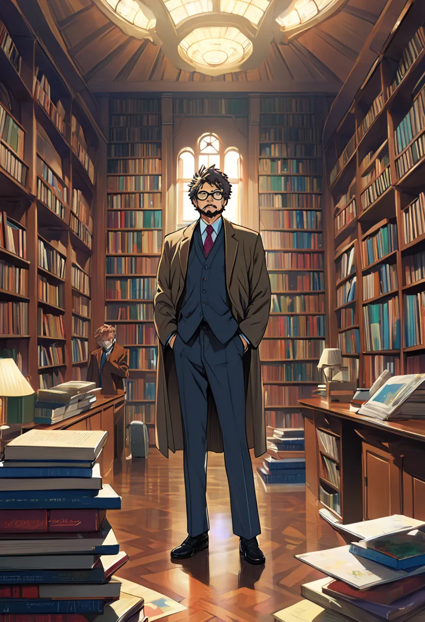 A man in a suit is standing in a library, Hideaki&#39;s Anime, hideaki anno, Hideki Anno ,  inspired by Yasushi Sugiyama , Kentaro Miura art,  Kentaro Miura manga style , Miura Kentaro's Art Style , Cyril Rolland and M. W Karuta, Cyril Rolland and M.W Karu...