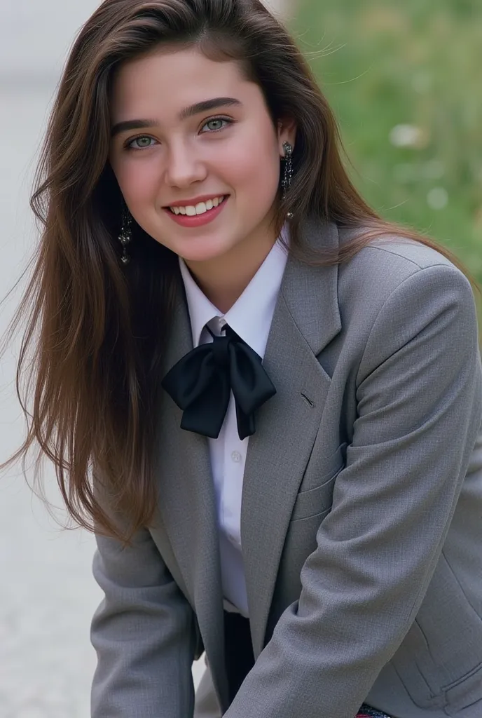 ( masterpiece, top quality:1.2),  Beautiful  old high school girl,  Jennifer Connelly, Wide-angle photography, full body photo, and she is leaning forward facing the camera、light grey blazer uniform、 black bow tie、white shirt、Plaid Mini Skirts、 popping smi...