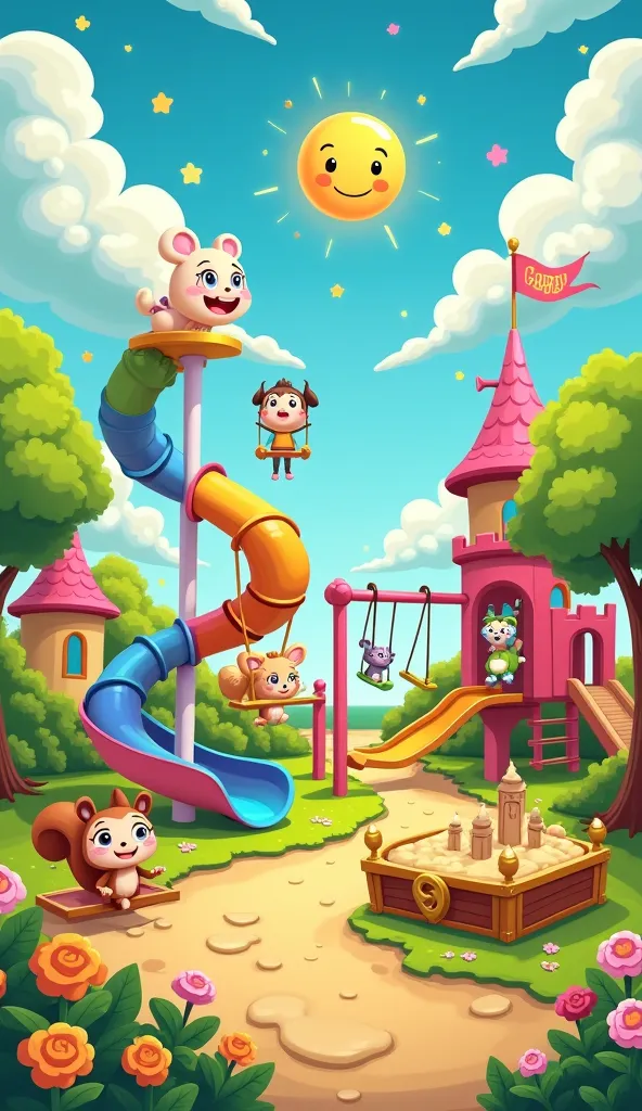 **Cartoon Playground Image Prompt:**  

A whimsical, cartoon-style playground bursting with vibrant colors and exaggerated fun! A curly, rainbow-colored slide spirals down from a fluffy cloud-shaped platform. Swings with smiling animal faces on the seats s...