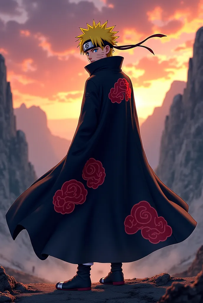 Create an image of Naruto Uzumaki wearing the Akatsuki costume 
