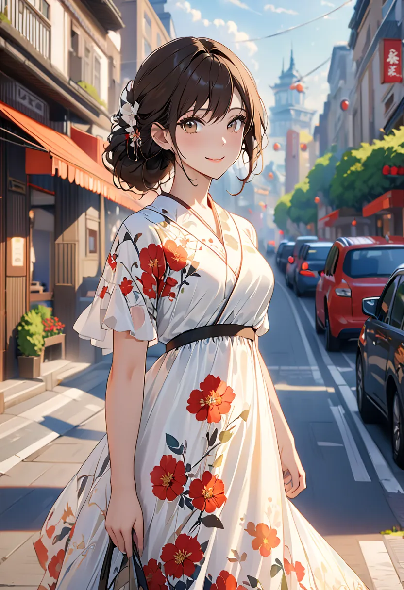 ((best quality, 8k, masterpiece :1.3)), hidden hair, smile, full body, slim face, pretty woman, (dark brown hair), long dress :1.1, Super Detailed Facial, detail eyes, double eyelids,  blur the background, slim face, city, outside, street,  