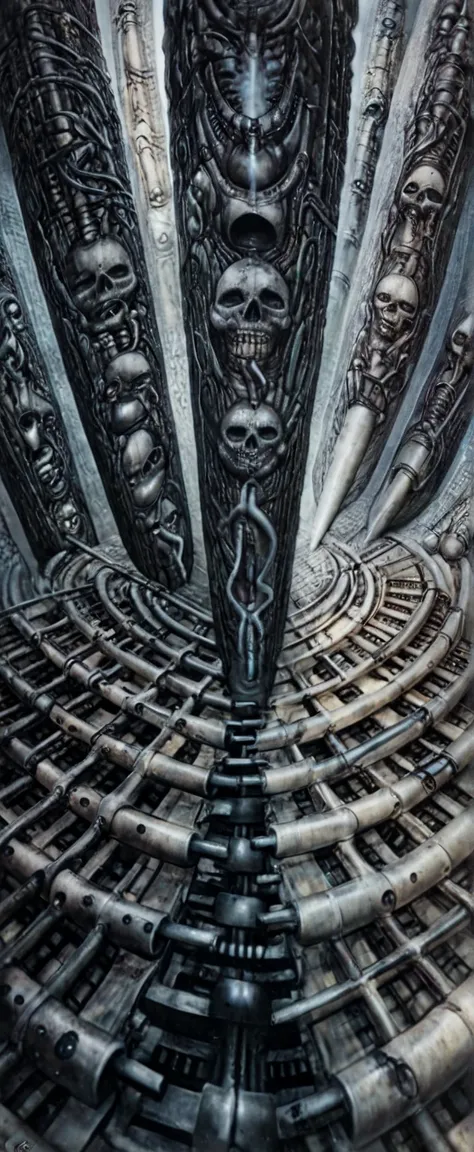 

g1g3r, 0f1g, Giger_style, Giger_style, The image is a detailed view of H.R. Giger's \" biomechanical landscape V\" plate, 

 The tableau depicts a close-up of a group of ivory objects resembling skulls and skeletons, some of which have signs of decay.

T...