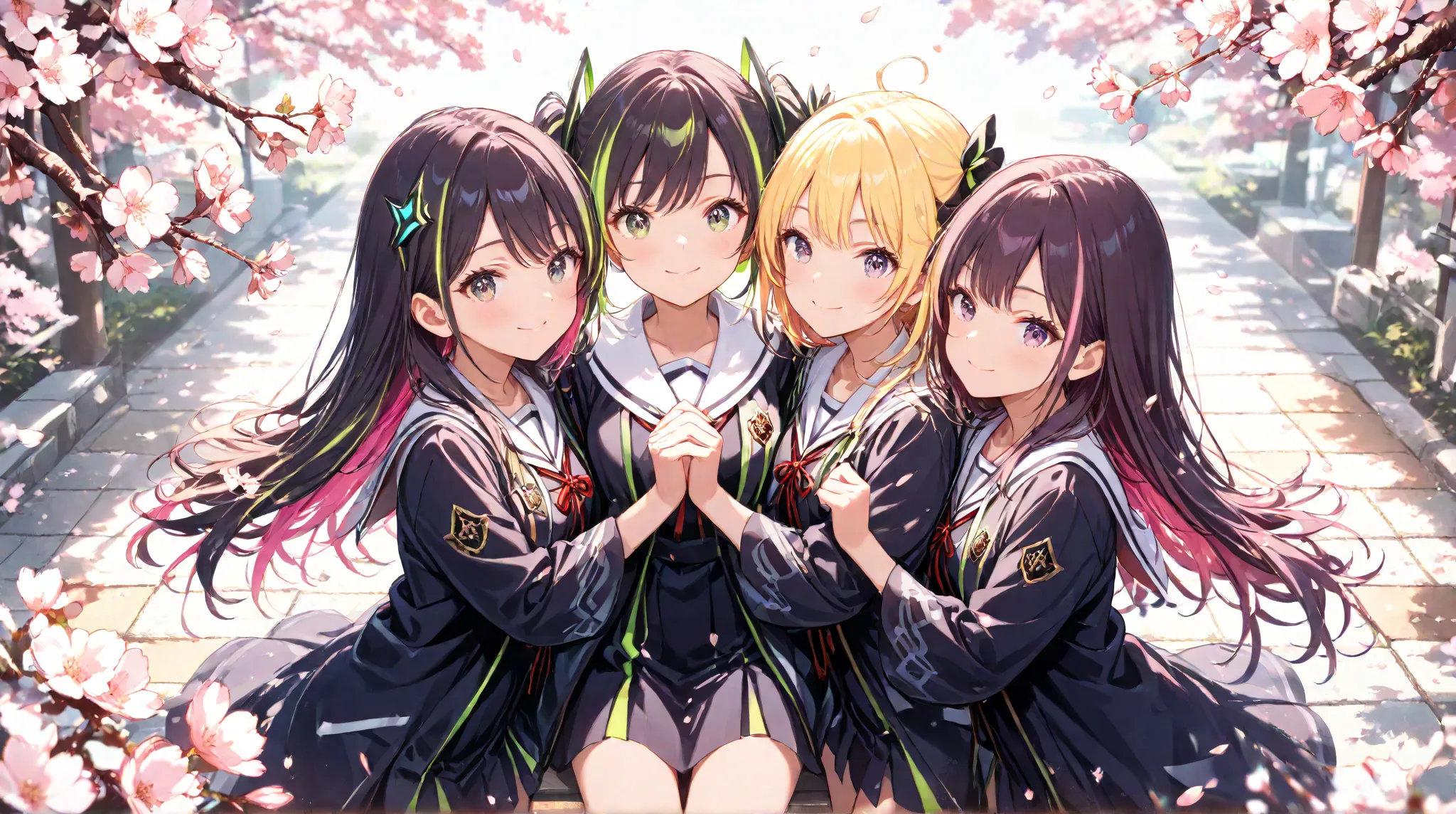 ((masterpiece)), ((high resolution)), ((best quality)), (ultra-detailed),A group of high school girls in graduation gowns, smiling, surrounded by cherry blossoms, sunny day, youthful energy, friendship