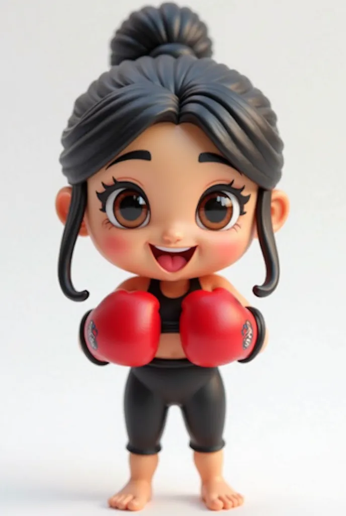 “A 3D figure of a skin-colored female emoji character with a happy expression. The emoji has big, shiny brown eyes and a mouth with red lipstick and long black hair tied together. She has two small hands , With Muay Thai gloves giving beauty, And gym cloth...