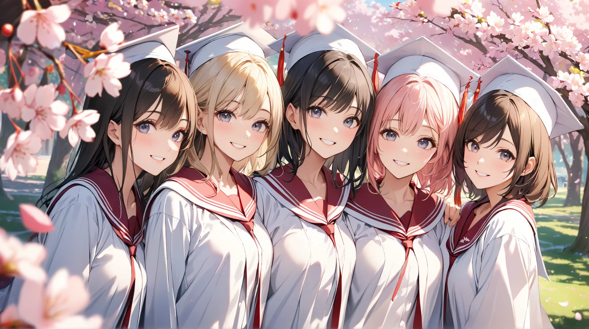 ((masterpiece)), ((high resolution)), ((best quality)), (ultra-detailed),A group of high school girls in graduation gowns, smiling, surrounded by cherry blossoms, sunny day, youthful energy, friendship