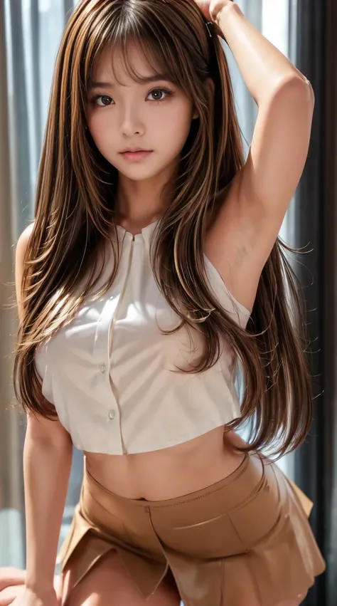 Product quality,1 girl,cowboy shot, front view,beautiful young Japanese woman,((Thigh Highlighting Composition:1.5)),((Stylish white blouse :1.5)),((Ultra Super Short White Denim Mini Skirt:1.5)),Super beautiful face,Cute type,Baby Face, slightly round fac...