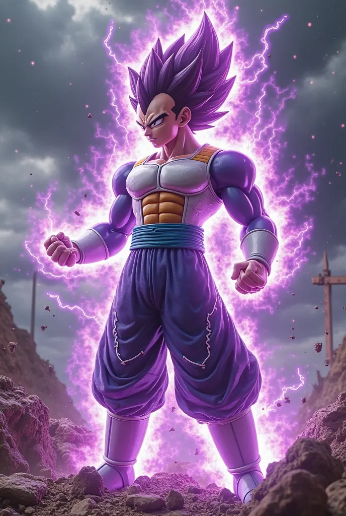 Create a highly detailed CGI render of Ultra Ego Vegeta in a battle-ready stance, radiating intense purple energy. His muscular physique is emphasized, with battle-worn Saiyan armor showing scratches and damage. His hair is spiked, glowing with a deep viol...