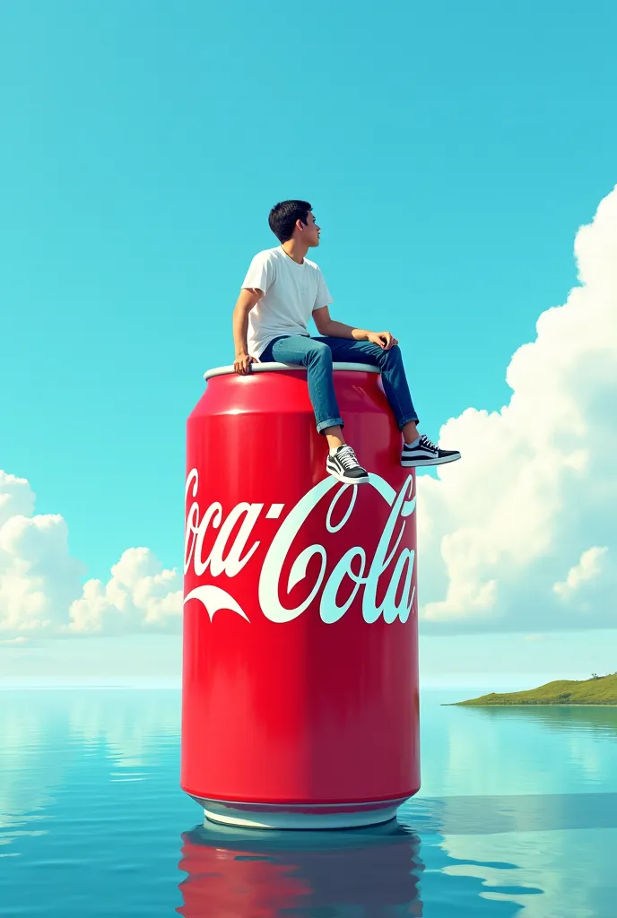 Generate a illustration A person sitting on coca cola can background should be sky and water at bottom