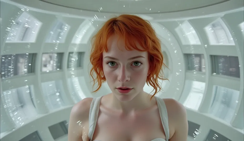 Leeloo sits inside a high-tech learning pod, suspended in a glowing white chamber. Her short, fiery orange hair contrasts with the sterile environment as holographic streams of information spiral around her. She blinks rapidly, her intense green eyes darti...