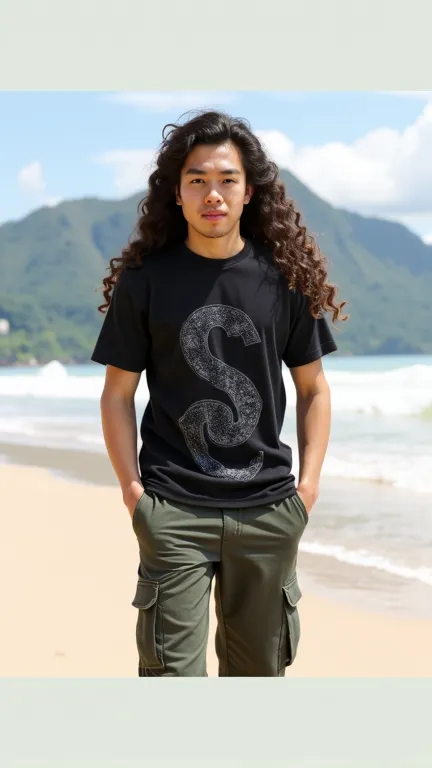 Photorealistic image of a handsome man,young Thai,25 years old ,bright and clean face without mustache , full body , with curly long hair, wearing a black sweatshirt and shorts. Lighting should be natural and the picture should have a high level of detail,...