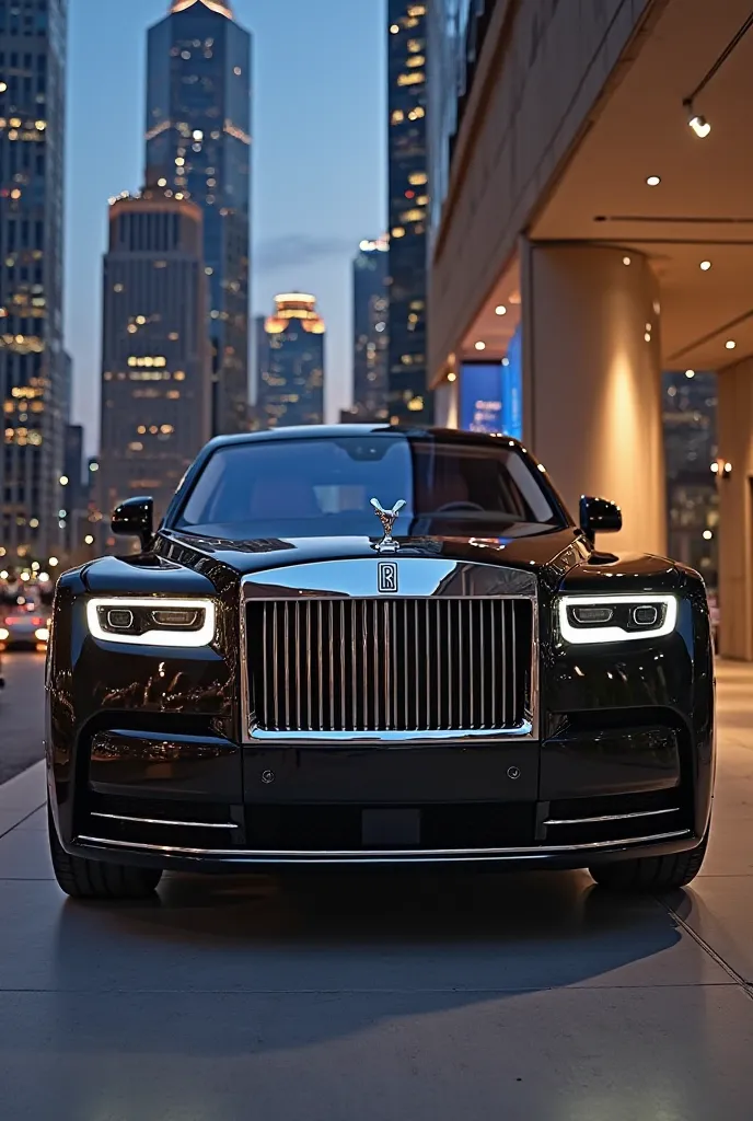  2025 rolls Royce phantom PIC in showroom showcase shine A luxurious 2025 Rolls-Royce Phantom parked in an elegant urban setting at dusk. The car features a sleek, polished exterior with the iconic Pantheon grille and the Spirit of Ecstasy hood ornament. T...