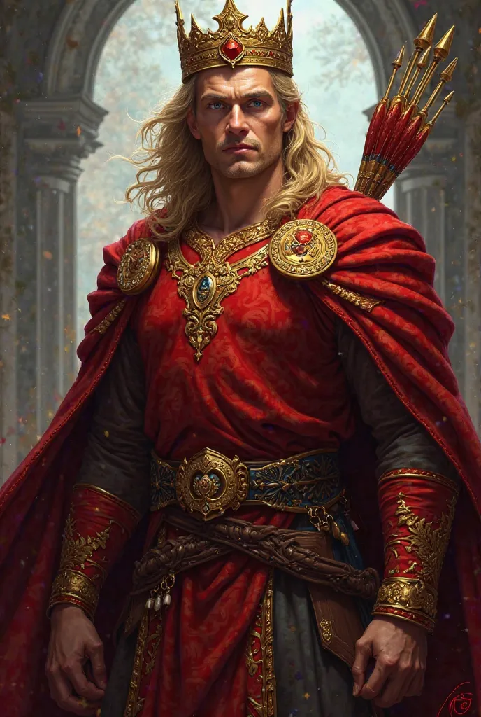 Realistic digital illustration of a very handsome King.  blond hair and blue eyes. Dressed in a red sweater with gold ornaments, With a quiver on my shoulder. She wears a gold crown with red details.