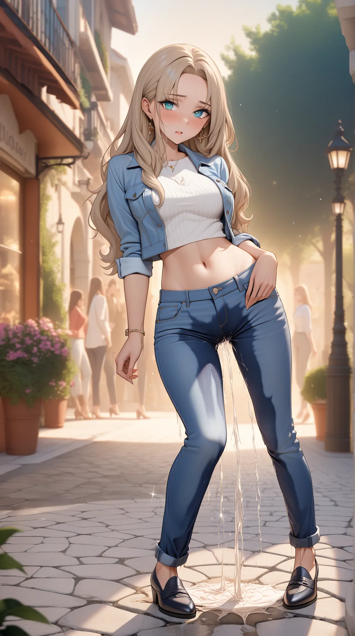 A youthful scandinavian female with dazzling eyes and lovely long hair and forehead with skinny body with round ass and medium breast with is (wetting herself) in desperation. (Lactation). A large wet crotch stain is visible on her jeans. Large wet thigh p...