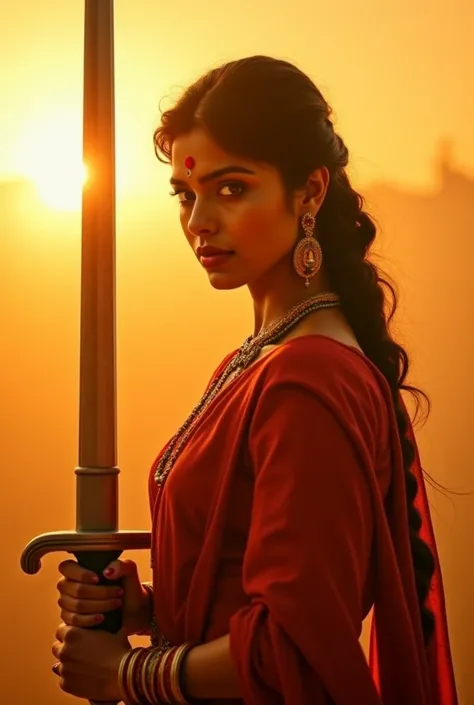 A powerful portrait of Rani Lakshmibai standing tall with her sword, her expression fearless and full of conviction. The golden sunlight highlights her determined face, symbolizing her inner strength.A historical 4K cinematic image of