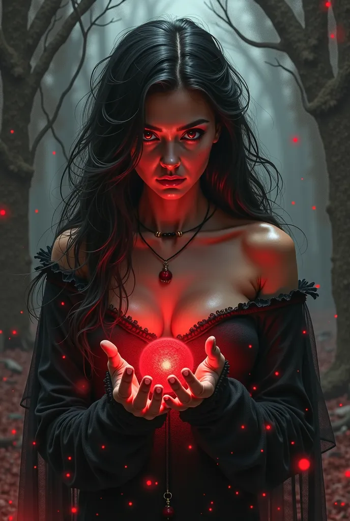 Devil themed background and sexy girl with black hair and red eyes with red light coming out of her hands