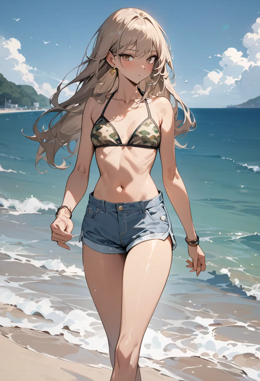 ((greatest masterpiece,Ultra High Quality:1.2)),(super resolution),(solo),cowboy shot,(Slender female high school student walking on the beach with thin legs),beautiful face, healthy tan skin ,Light brown long hair,Perfect brown eyes,expressionless,Camoufl...