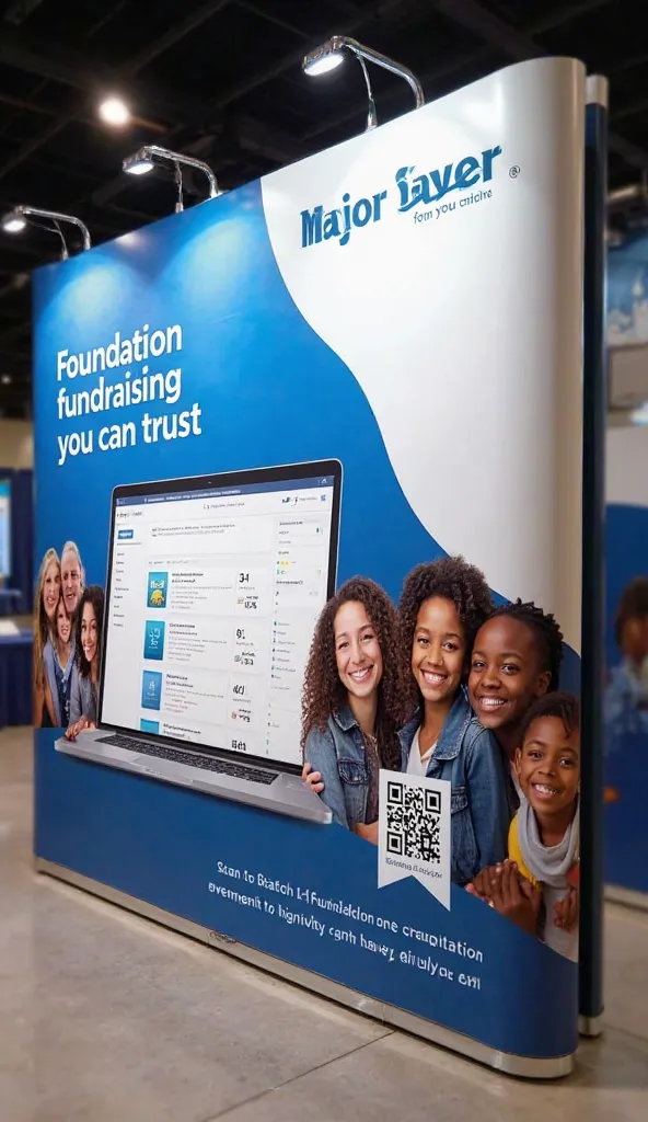 *"A bold and professional 8' x 8' trade show display wall for Major Saver, designed to highlight trust, impact, and simplicity. The background features a clean and dynamic gradient of deep blue and white, symbolizing trust and education. The Major Saver lo...