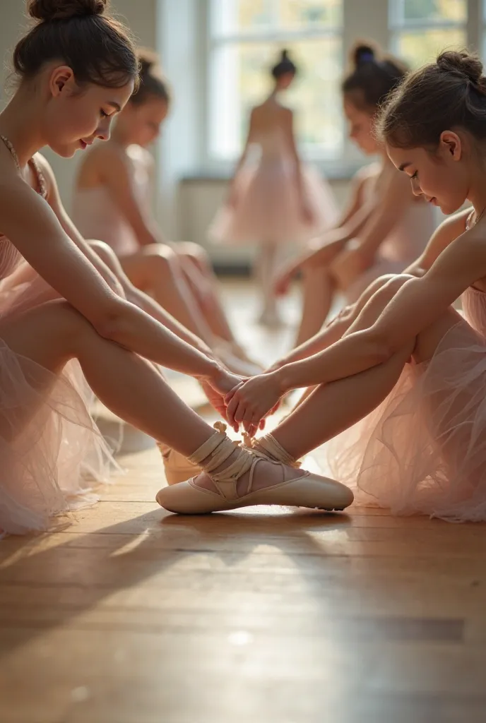 Customers trying on ballet shoes sitting