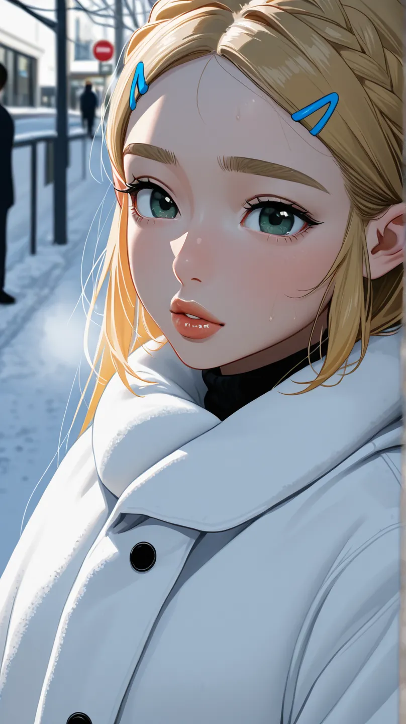 Princess Zelda in the real world, Wearing real-world clothes, In a cold place wearing cold clothes, natural lips, natural textured lips. discreet black dot of wart on her face, long blond hair