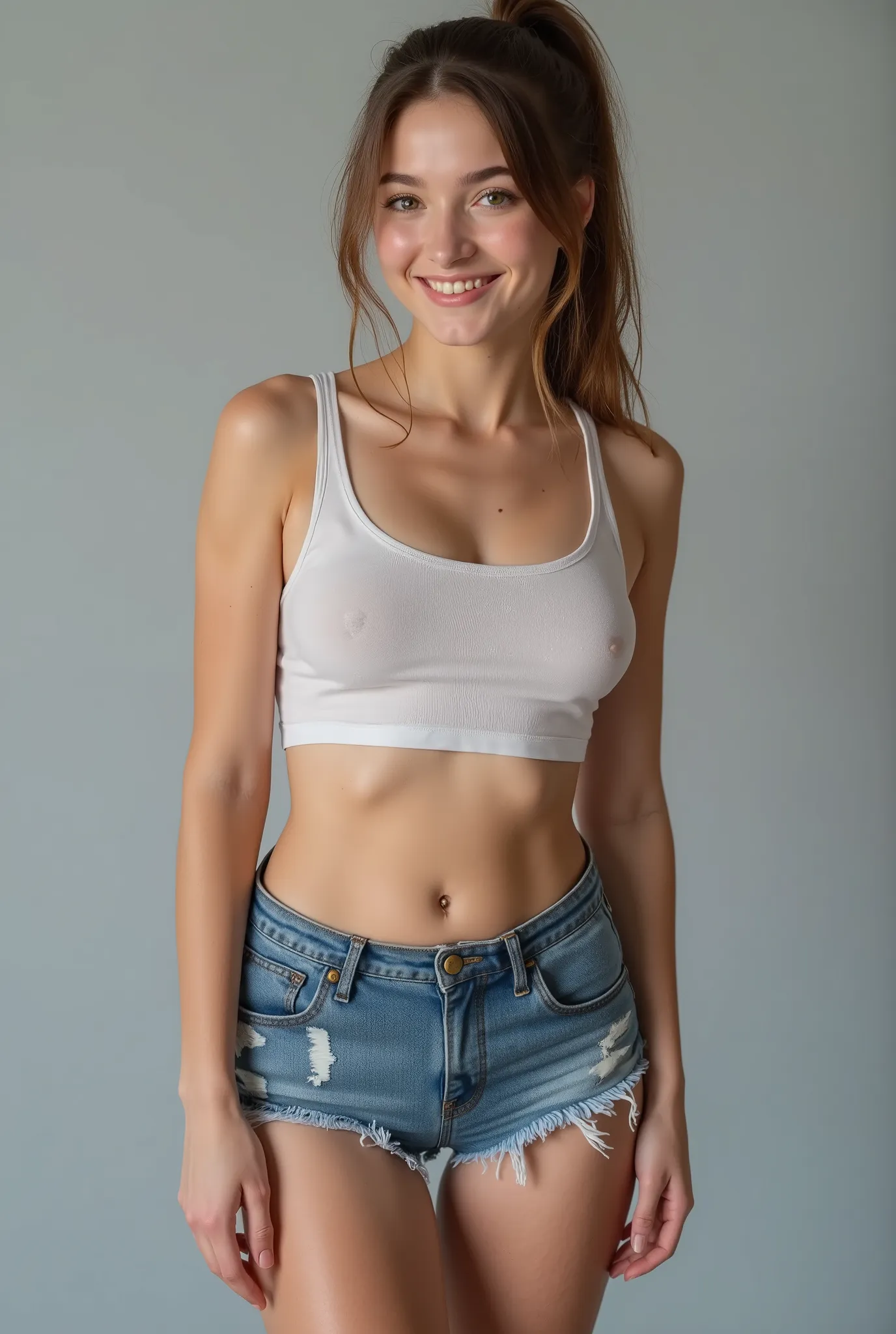 18 year old Realistic,  college pale white brunette british girl dressed in a crop top and shorts, smiling, thick thighs.Grey background, studio lighting. Very realistic, Crop top and shorts. Thick thighs, Pear shape body, a little short in height. C cup b...