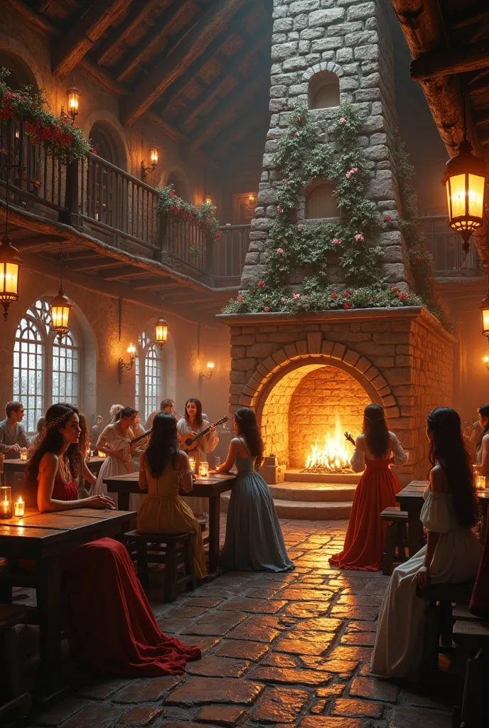 "A stunning medieval fantasy tavern filled with warm candlelight and rustic wooden interiors. Beautiful medieval women in elegant, flowing dresses are gathered around wooden tables, enjoying drinks and laughter. A bard plays an enchanting tune on a lute in...