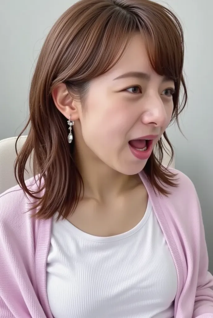        beautiful brown-haired woman closing her eyes and shouting    ,   high-resolution photo of a     ,  Wear a light pink sweater over a white shirt    , ((   scary climax     )) ,     Close up with closed eyes      , (    8KウルトラHD  :0.8),     ultra det...