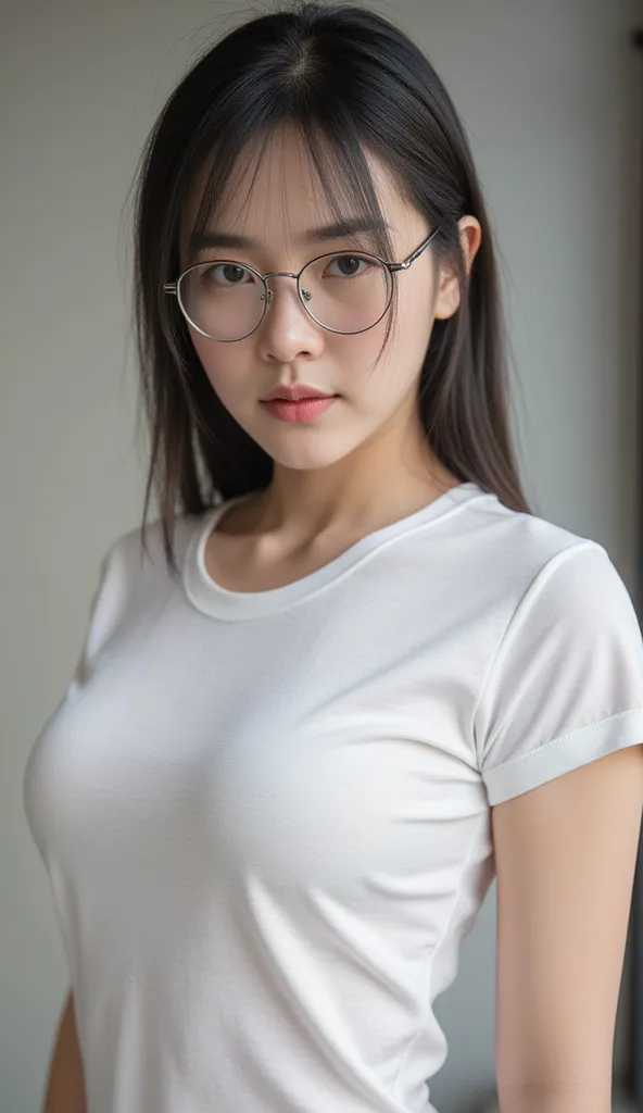 1 japan girl,glasses, gigantic breasts , sweat white t-shirt , realistic,full body.