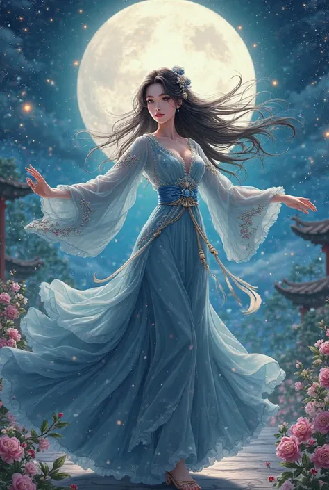 Create beautiful adult anime woman in a traditional Chinese style long dress dancing under the moon 