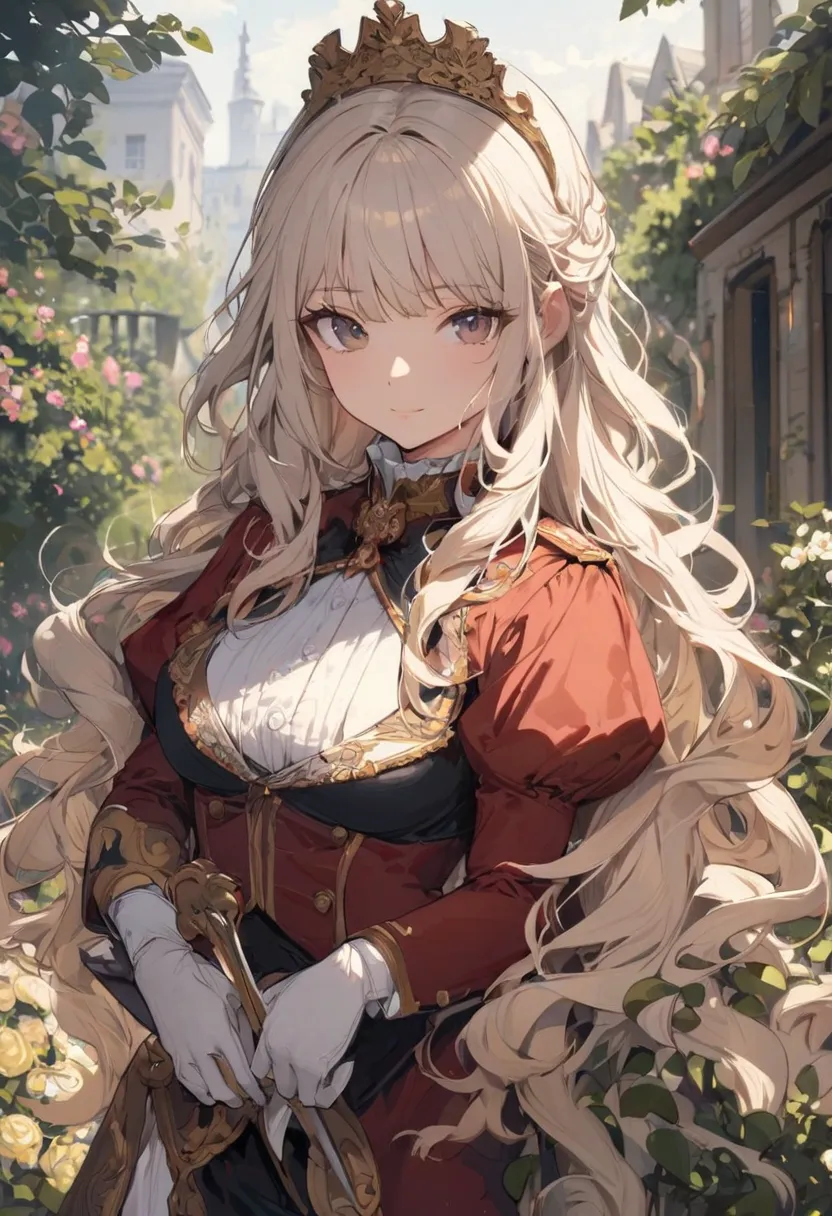 [high quality, best quality, beautiful], 1girl, solo, garden of lowers, outdoors, white hair, beige hair, gradient hair, long hair, wavy hair, tiara, bangs, victorian era uniform, Napoleonic military Uniform, Officer uniform, glove, sword, looking at viewe...