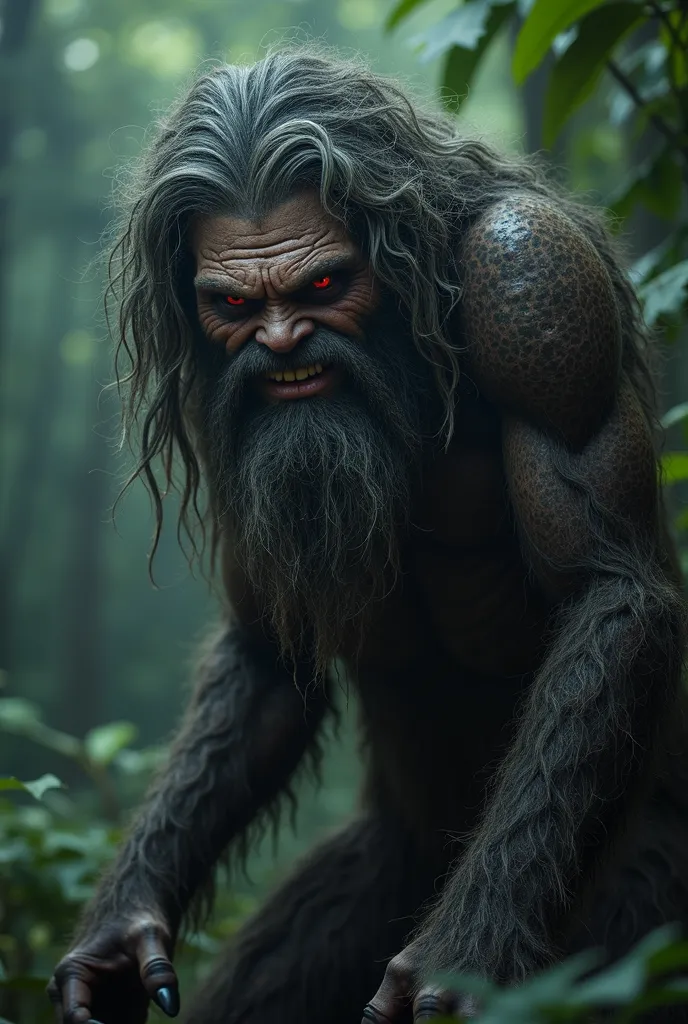  Extremely hairy man ,  excess beard and mustache , Eyes with a red iris,  giant, With goat feet. now. It has long claws . prognata,  with jaw teeth jutting out of the mouth .  long and protruding lower tusks similar to those of a wild boar. long hair,  di...