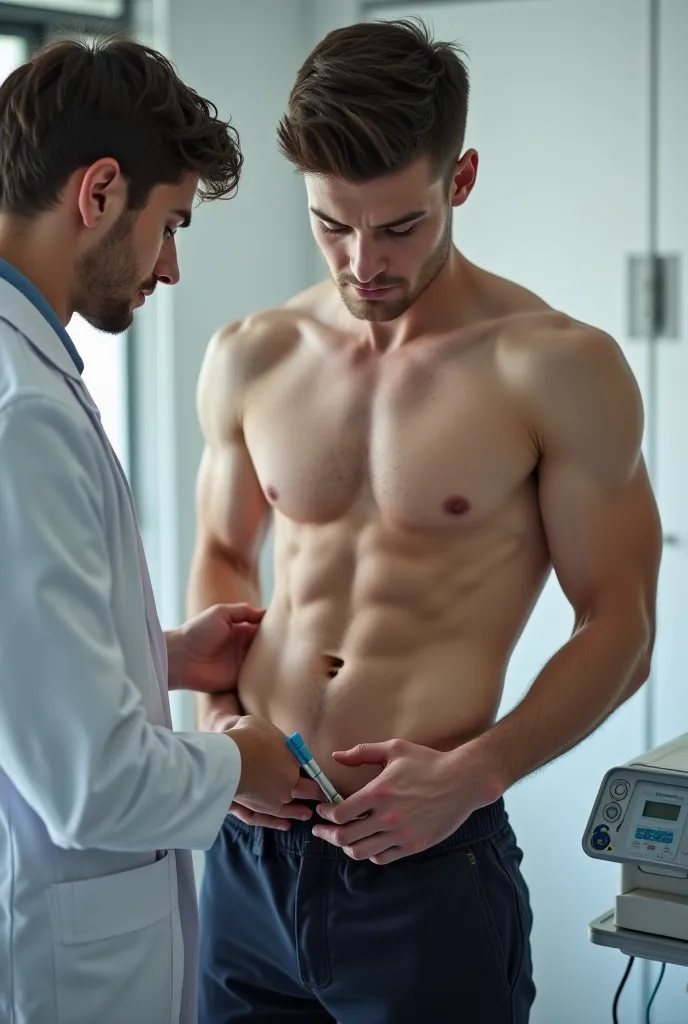 Handsome  boy without a shirt, That you can see your navel and that a doctor is touching your testicles 