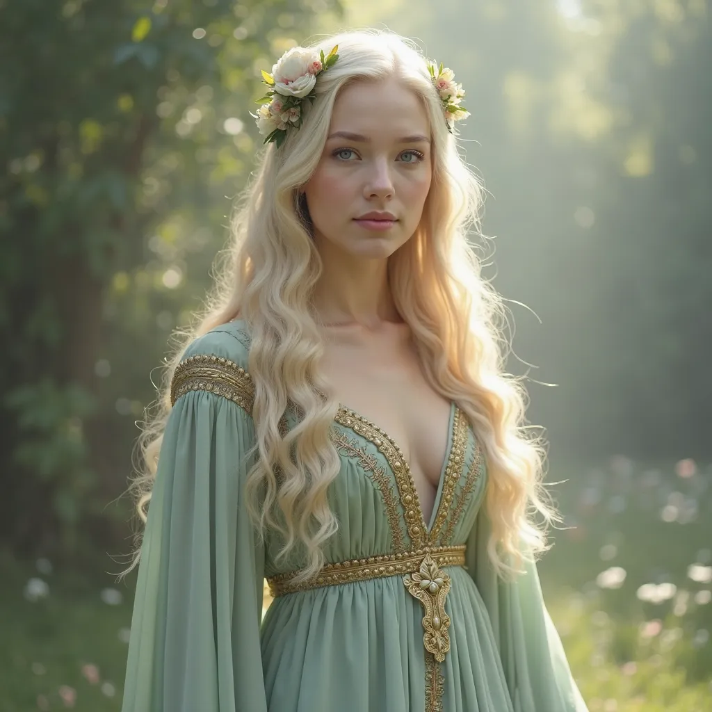 A young woman with long, wavy pale blonde hair, styled with flowers, dressed with modesty and medieval luxury in light seafoam green and gold. She is standing in a gentle pose.