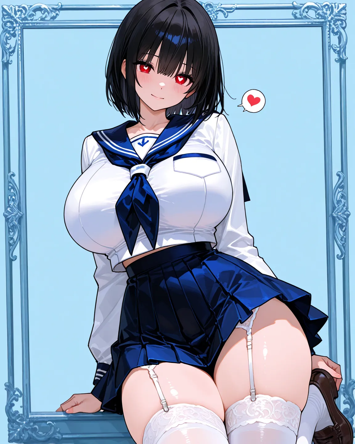      8k Wallpaper、top quality , masterpiece,         Ultra High Quality 、    748cm style      ,        1 girl ,  (    sailor suit    )、  alone、18 years old、masterpiece , Nice,              black hair 、short hair、(    Skirt  :1.2)、        、    、 (    garter...