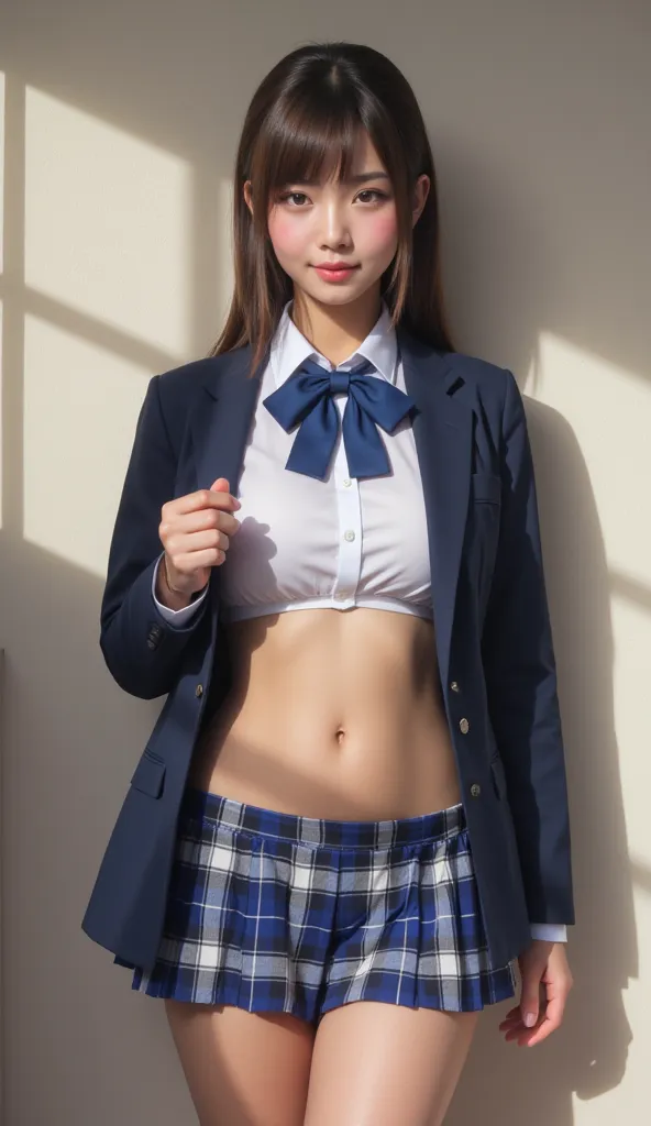 (realistic,photorealistic,photo-realistic 1.37),(2 views :1.4),( I'm taking off my clothes ,Another way of looking at it is wearing a floral micro bikini),  beautiful young schoolgirl  , beautiful Japanese idol , beautiful face and eyes , navy jacket ,whit...