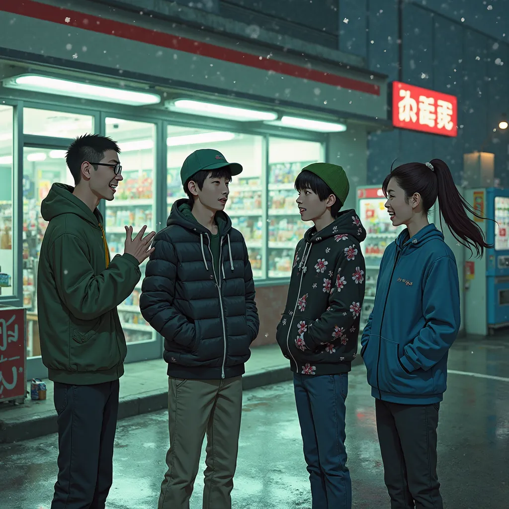 Four young Japanese individuals—three men and one woman—stand together in the parking lot of a convenience store at night, their breath visible in the cold air as they talk. The first man, with a buzz cut and glasses, wears a white T-shirt despite the chil...