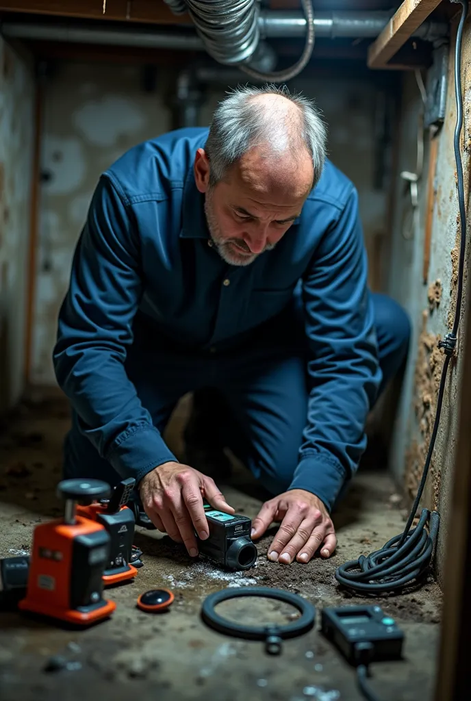 Pictures of a man detecting a water leak with modern devices