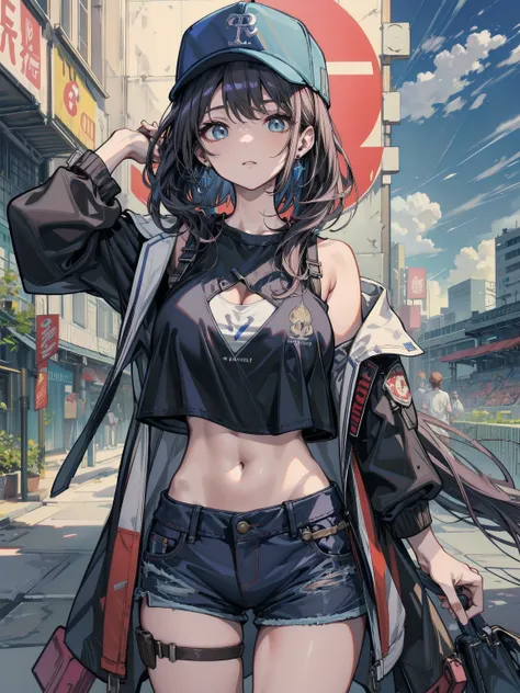 ideal ratio body proportions, perfect anatomy, correct body, earring, huge breasts, narrow waist, short hair, black hair, wavy hair, hair behind ear, half updo, looking at viewer, cowboy shot, outdoor, baseball cap, black T-shirt, crop top, shorts,