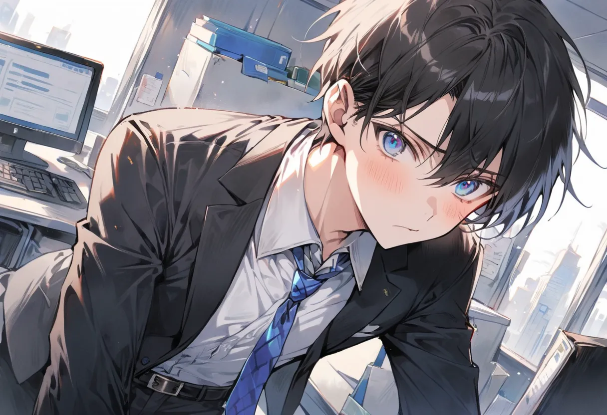 1boy, necktie, male focus,  embarrassed, black hair, solo, shirt, pants, blue eyes, blue necktie, looking at viewer, belt, jacket, white shirt,  short hair, black pants,  collared shirt, office