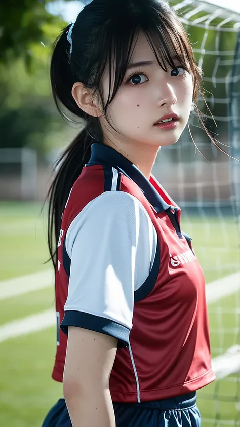 woman, slender, 24 years old, idol, summer, soccer player, ponytail,  soccer field, Shoot