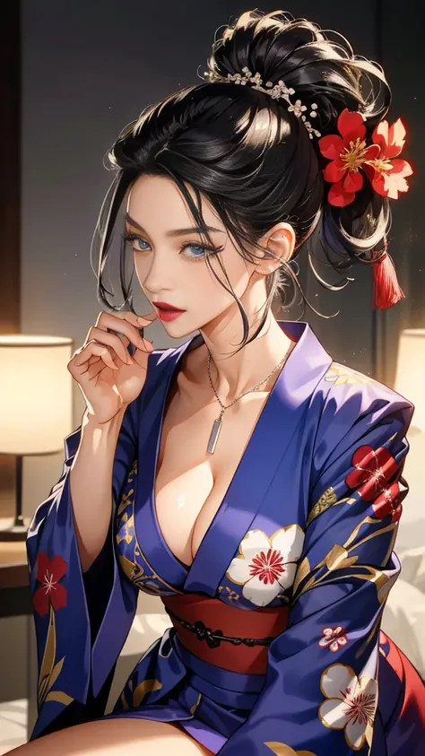 Actress Pose、True Face、From the knee up、(Dark silver hair)、Long Hair、Sex Appeal、shiny、Japanese、The beauty of kimono、Japanese military commander、Warrior、Simple、Sharp eyes、height: 180cm、Deep Red Lipstick、50 years old、 mature woman 、An illustration、Slim and M...